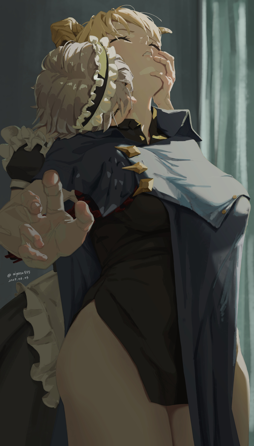 2girls, absurdres, ai_limit, aiyasu, apron, arrisa, artist_name, black_dress, blonde_hair, breasts, chinese_commentary, closed_eyes, commentary_request, dress, frilled_apron, frills, grey_hair, highres, indoors, kiss, kiss_from_behind, kissing_neck, large_breasts, maid_apron, maid_headdress, millaire, multiple_girls, pelvic_curtain, puffy_short_sleeves, puffy_sleeves, short_sleeves, yuri