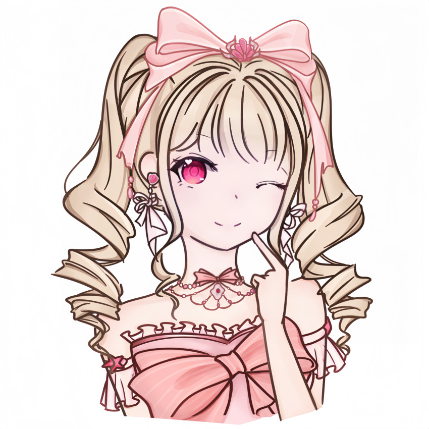 1girl, absurdres, bare_shoulders, bead_choker, beads, blonde_hair, bow, bow_choker