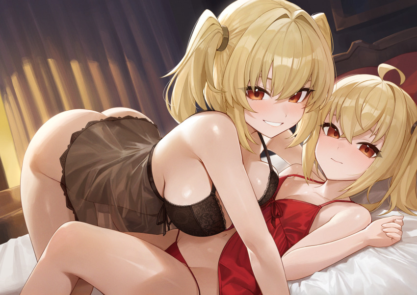 2girls, ahoge, ass, asymmetrical_docking, babydoll, black_babydoll, blonde_hair, blush