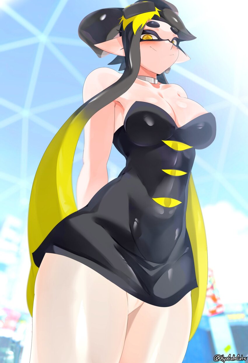 +_+, 1girl, black_hair, blush, breasts, callie_(alterna)_(splatoon), callie_(splatoon), cleavage