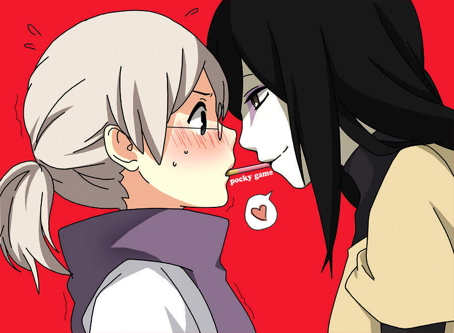 2boys, age_difference, artemis-girl, black_hair, blush, food, food_in_mouth, grey_hair