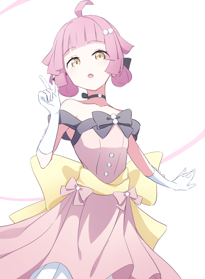 1girl, :o, ahoge, back_bow, bare_shoulders, black_bow, black_choker, blunt_bangs