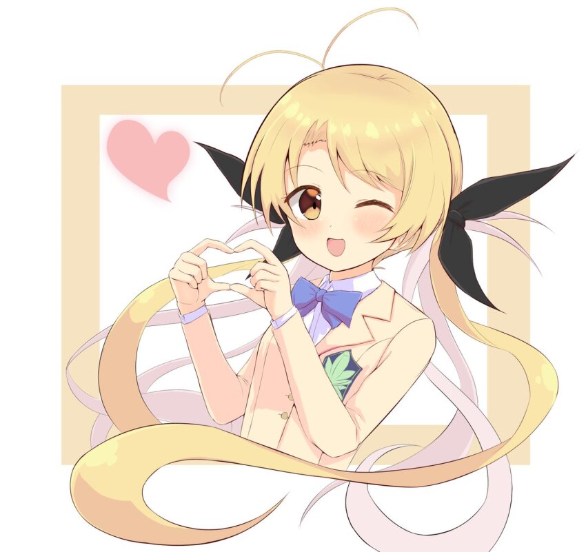 1girl, :d, ;d, ahoge, blazer, blonde_hair, blush, bow