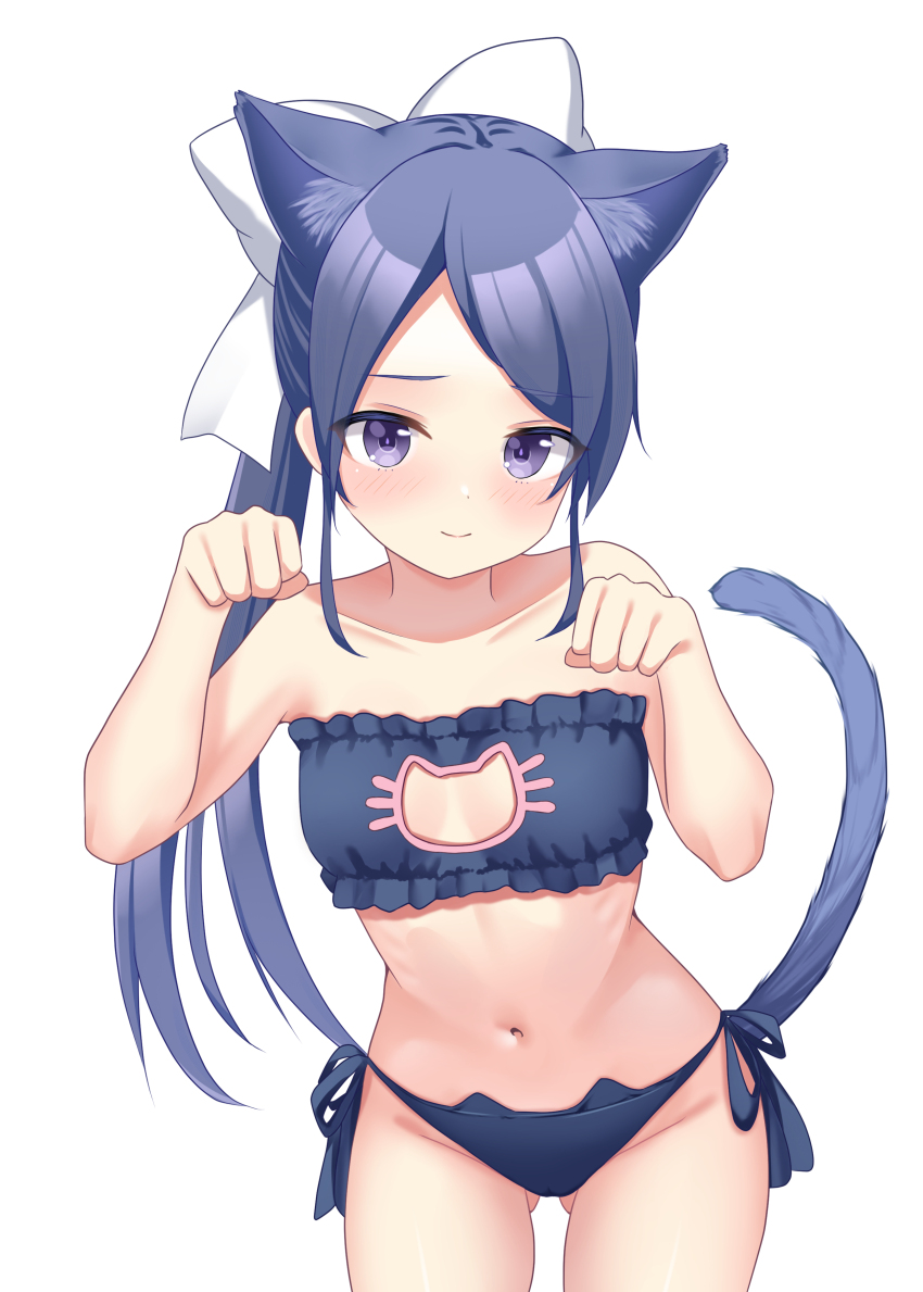 1girl, absurdres, animal_ears, bare_shoulders, bow, cat_ears, cat_lingerie, cat_tail