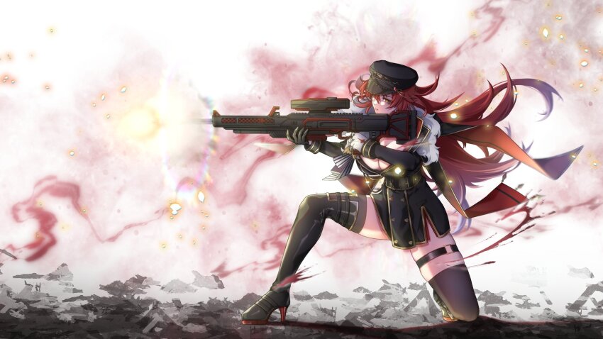 1girl, assault_rifle, black_boots, black_gloves, black_jacket, black_thighhighs, boots, breasts