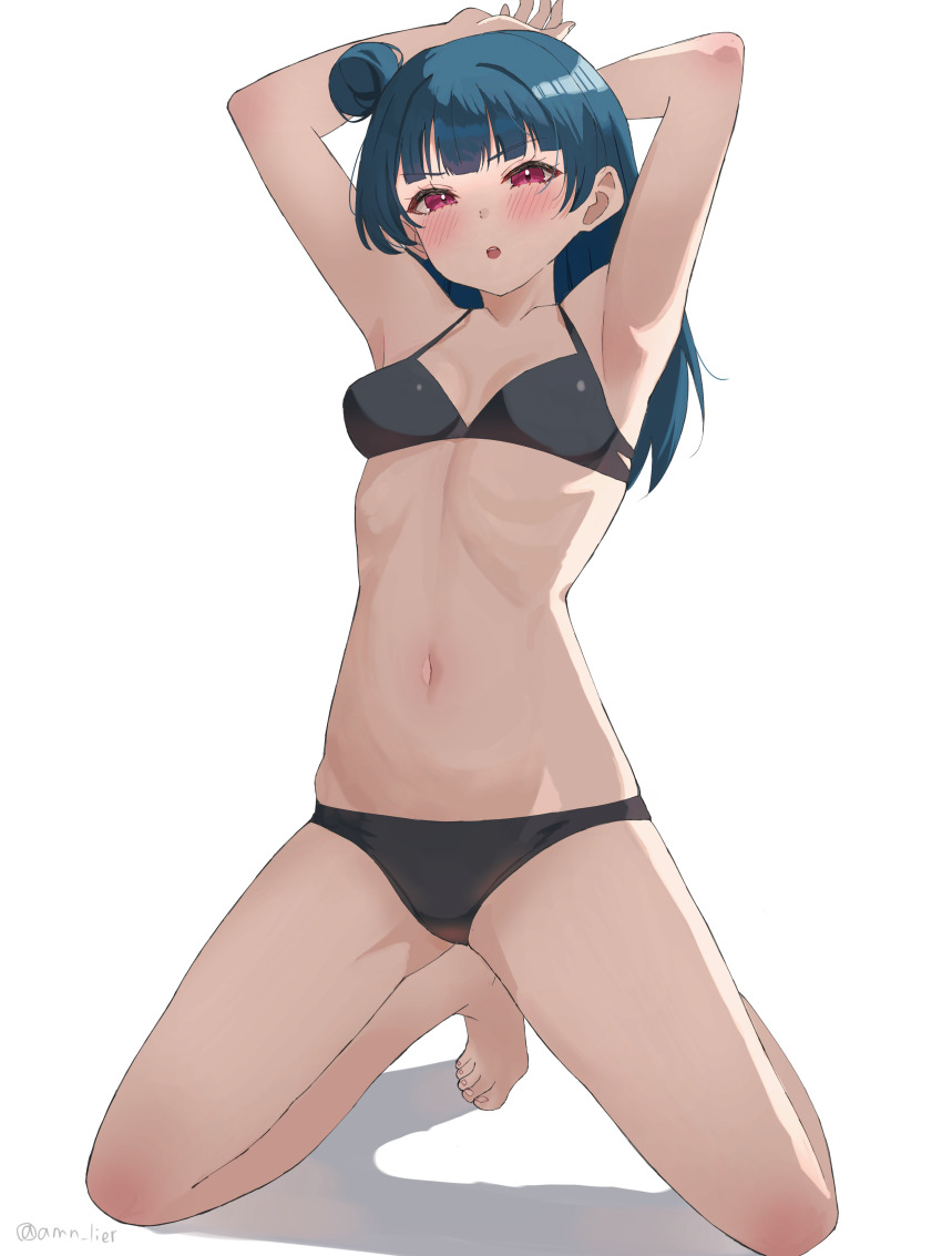 1girl, :o, absurdres, amano_lier, arms_up, barefoot, bikini, black_bikini