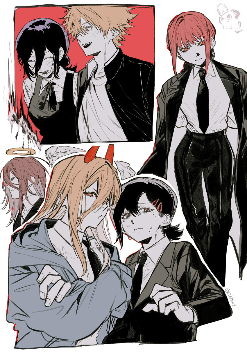 2boys, 4girls, angel_devil_(chainsaw_man), black_coat, black_dress, black_hair, black_jacket, black_necktie