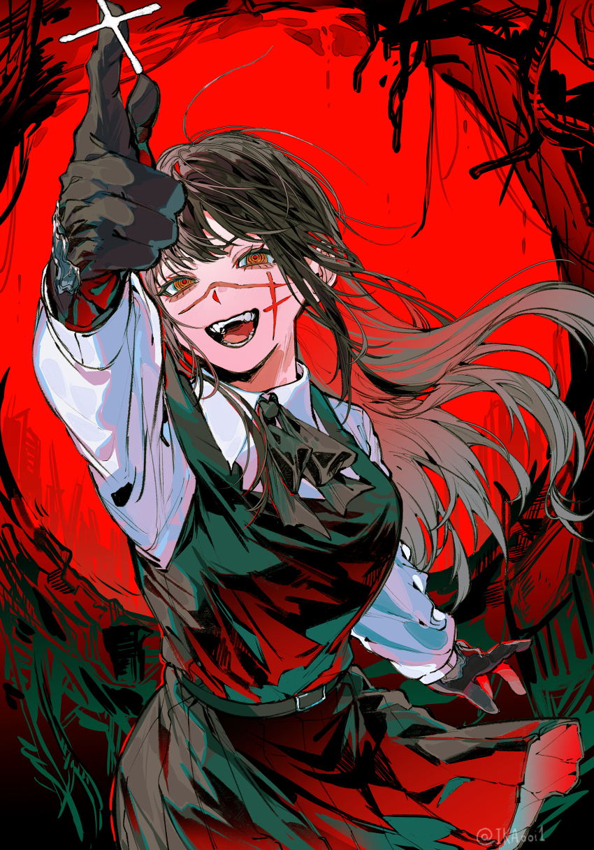 1girl, black_hair, chainsaw_man, collared_shirt, commentary_request, cross_scar, dress, facial_scar, finger_gun, fourth_east_high_school_uniform, highres, ikaooi1, long_hair, looking_at_viewer, open_mouth, pinafore_dress, red_eyes, ringed_eyes, scar, scar_on_cheek, scar_on_face, scar_on_nose, school_uniform, shirt, sleeveless, sleeveless_dress, smile, solo, white_shirt, yellow_eyes, yoru_(chainsaw_man)