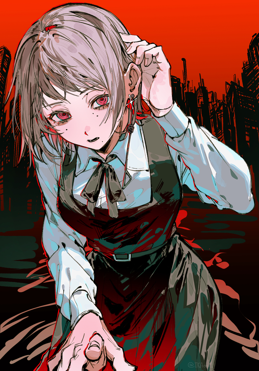 1girl, belt, chainsaw_man, commentary_request, dress, earrings, fami_(chainsaw_man), fingernails