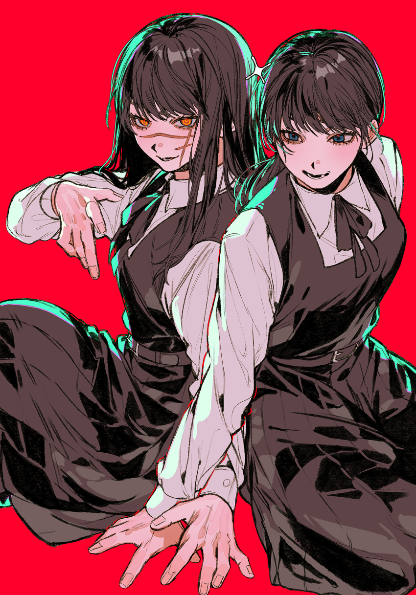 2girls, black_dress, black_hair, black_ribbon, chainsaw_man, collared_shirt, commentary_request, dress, facial_scar, fourth_east_high_school_uniform, grey_eyes, highres, ikaooi1, long_hair, long_sleeves, mitaka_asa, multiple_girls, neck_ribbon, pinafore_dress, red_background, ribbon, scar, scar_on_cheek, scar_on_face, scar_on_nose, school_uniform, shirt, simple_background, sleeveless, sleeveless_dress, white_shirt, yellow_eyes, yoru_(chainsaw_man)