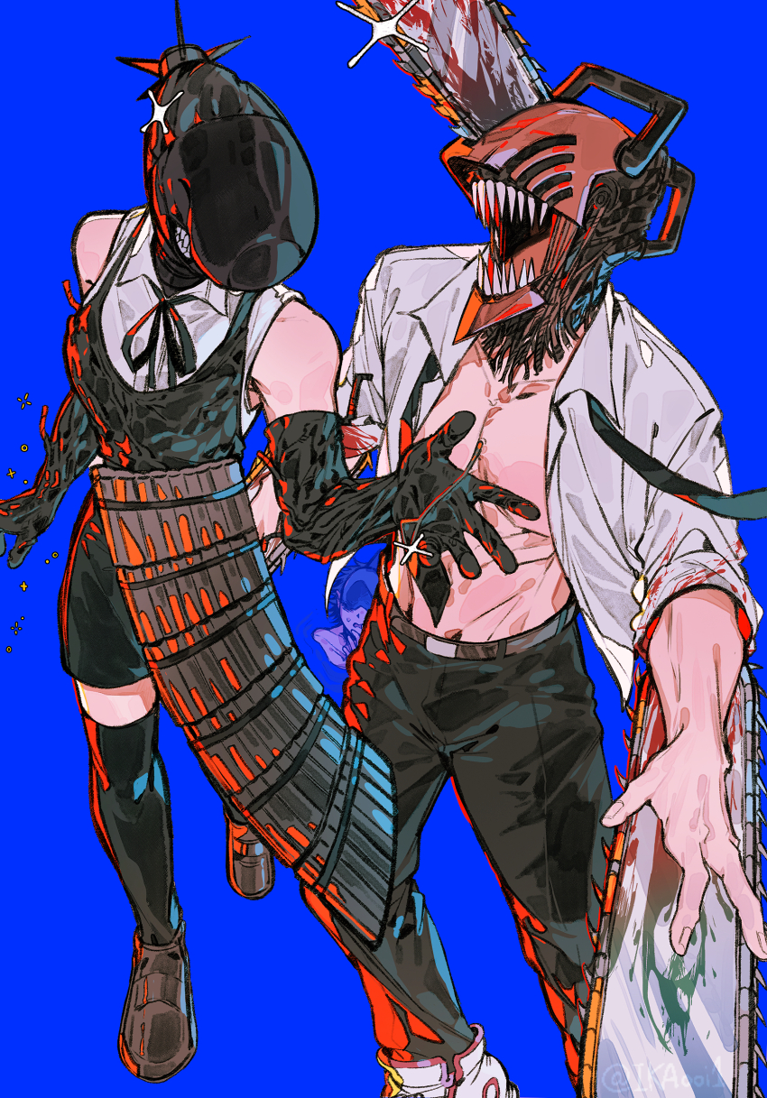 1boy, 1girl, apron, bare_shoulders, black_gloves, black_necktie, black_pants, black_ribbon