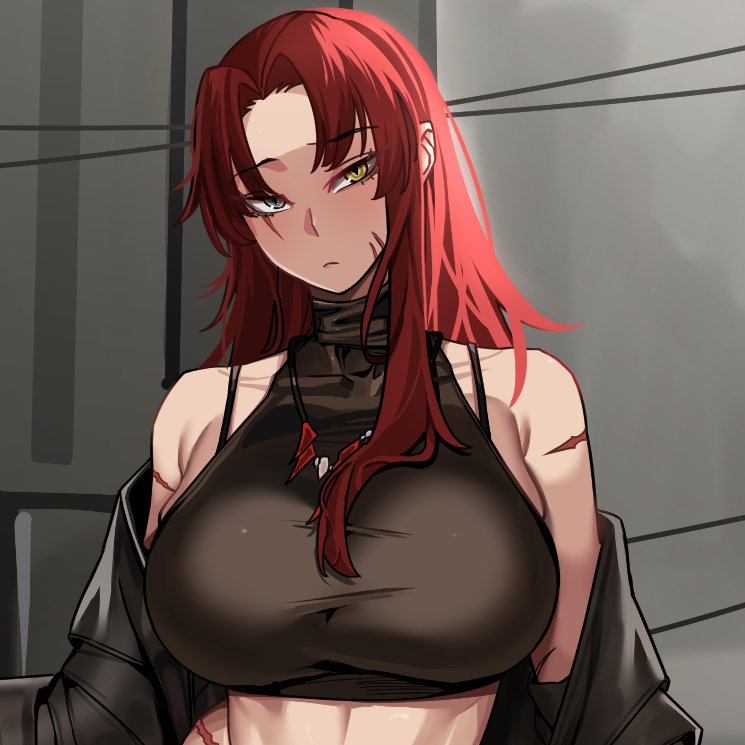 alternate_costume, armpit_crease, bare_shoulders, breasts, brown_pants, cigarette, city, coat