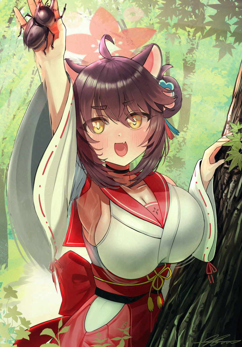 1girl, absurdres, animal_ears, arm_up, armpits, beetle, black_hair, blue_archive, breasts, bug, day, detached_sleeves, fang, forest, hair_between_eyes, hair_bun, halo, highres, holding_bug, huge_breasts, insect, kaede_(blue_archive), looking_at_viewer, nature, open_mouth, oppai_loli, outdoors, raccoon_ears, raccoon_girl, red_halo, red_sailor_collar, ribbon-trimmed_sleeves, ribbon_trim, sailor_collar, single_side_bun, skin_fang, smile, solharuu, solo, tree, yellow_eyes