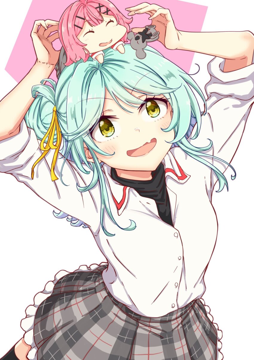 amaori_renako, aqua_hair, ashigaya_high_school_uniform, chibi, fang, highres, koala, koyanagi_kaho