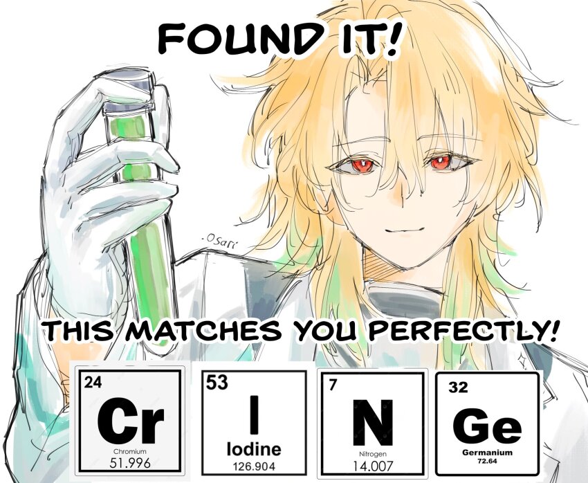 .osari, 1boy, artist_name, blonde_hair, bright_pupils, closed_mouth, english_text, gloves