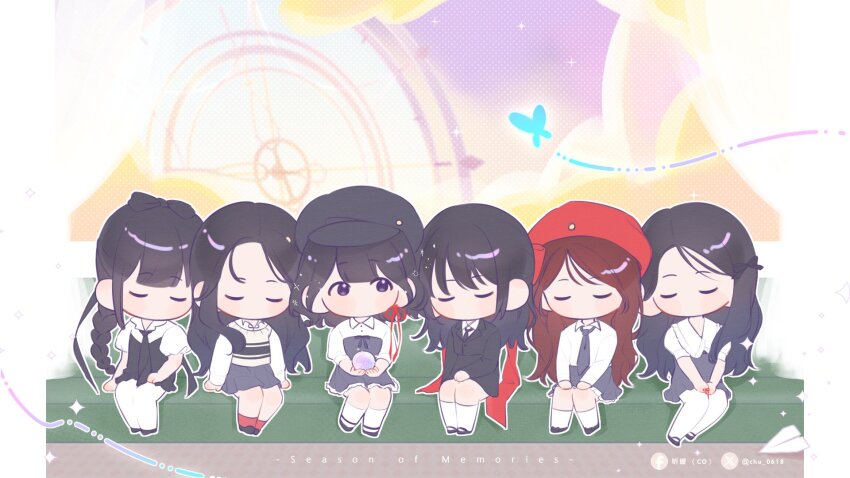 6+girls, black_hat, blue_butterfly, blunt_bangs, blush, braid, braided_ponytail, bug