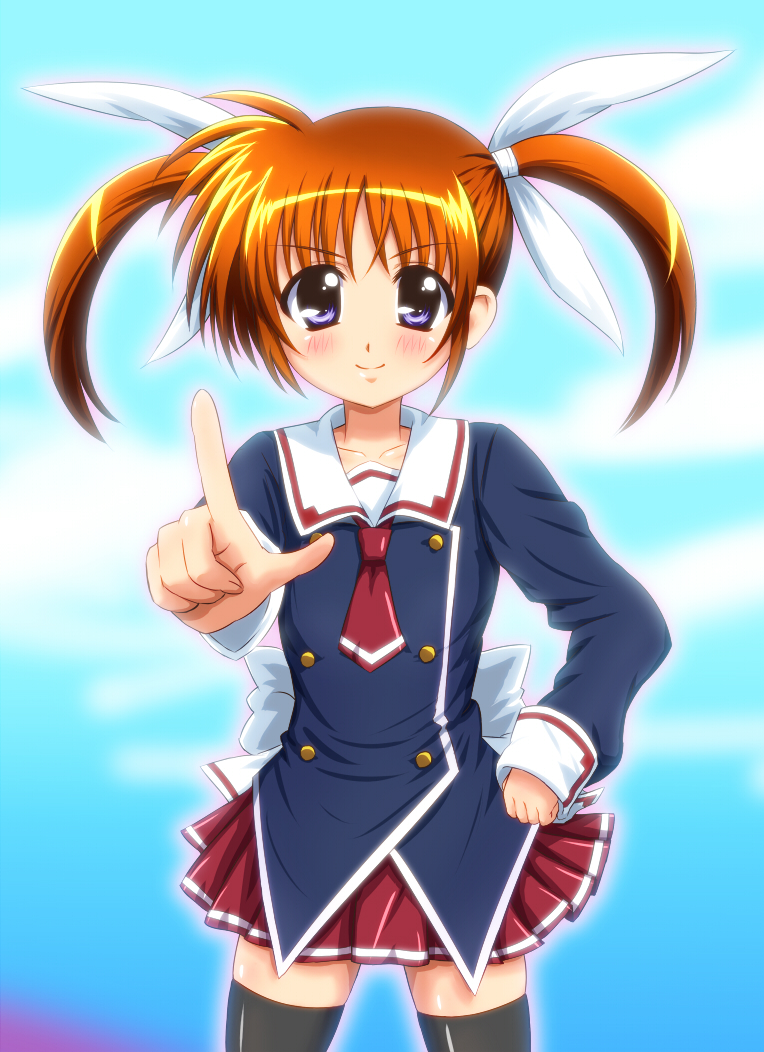 1girl, blue_eyes, blush, cosplay, cube_x_cursed_x_curious, diesel-turbo, fear_kubrick, fear_kubrick_(cosplay), female_focus, index_finger_raised, long_hair, lyrical_nanoha, mahou_shoujo_lyrical_nanoha, orange_hair, pointing, purple_eyes, red_hair, school_uniform, smile, solo, takamachi_nanoha, tamura_yukari, thighhighs, twintails, voice_actor_connection