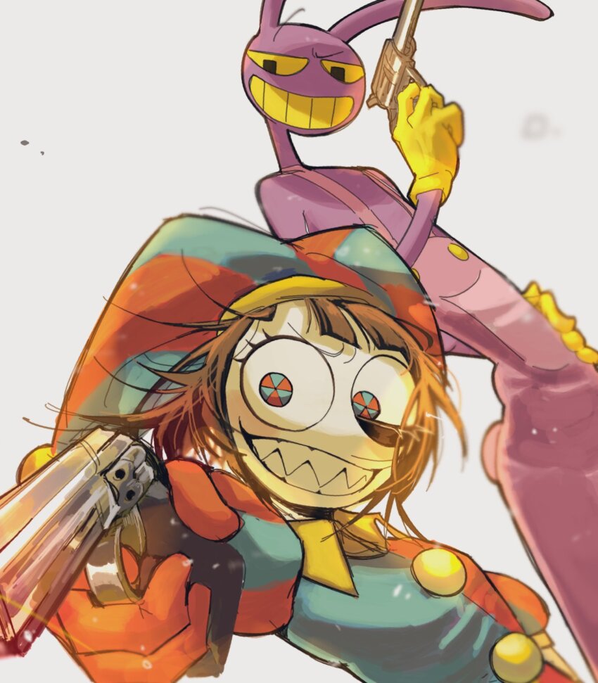 1boy, 1girl, blue_eyes, brown_hair, colored_skin, commentary, english_commentary, furry, furry_male, gloves, grin, gun, hat, highres, holding, holding_gun, holding_weapon, jax_(the_amazing_digital_circus), jester, jester_cap, multicolored_eyes, pomni_(the_amazing_digital_circus), puffy_sleeves, pznogrosqe22114, rabbit_boy, red_eyes, red_gloves, short_hair, short_sleeves, simple_background, smile, striped_clothes, striped_headwear, the_amazing_digital_circus, two-tone_eyes, vertical-striped_clothes, vertical-striped_headwear, weapon, white_background, white_skin