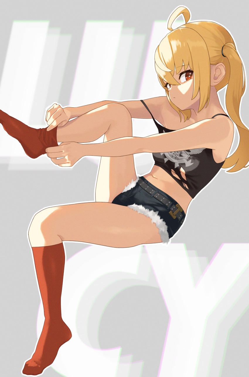 1girl, absurdres, ahoge, bare_arms, bare_shoulders, black_shirt, blonde_hair, blue_shorts