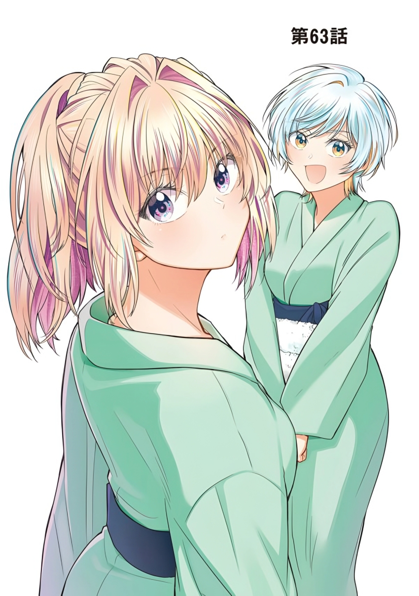 2girls, absurdres, aqua_hair, bathrobe, blonde_hair, bukiyou_na_senpai, closed_mouth, highres, hotta_mio, kannawa_azusa, long_hair, looking_at_viewer, looking_back, multiple_girls, non-web_source, open_mouth, pink_hair, ponytail, purple_eyes, serious, short_hair, simple_background, smile, white_background, yellow_eyes