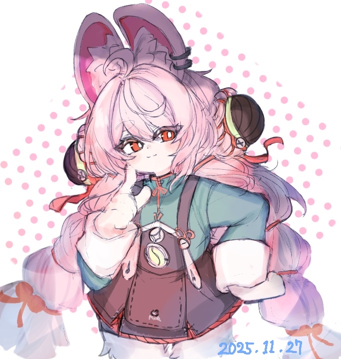 1girl, ahoge, animal_ears, black_skirt, braid, closed_mouth, dated, furry, furry_female, green_jacket, hosakana, jacket, long_hair, looking_at_viewer, pink_fur, pink_hair, rabbit_ears, rabbit_girl, red_eyes, skirt, smile, solo, twin_braids, very_long_hair, zenless_zone_zero, zhao_(zenless_zone_zero)