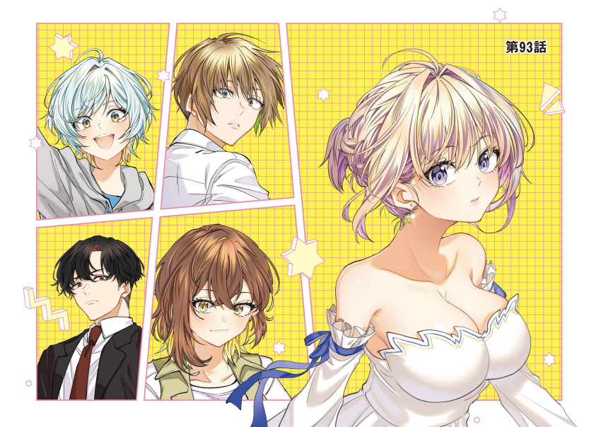 1boy, 4girls, aqua_hair, arm_up, bare_shoulders, black_hair, black_jacket, black_suit