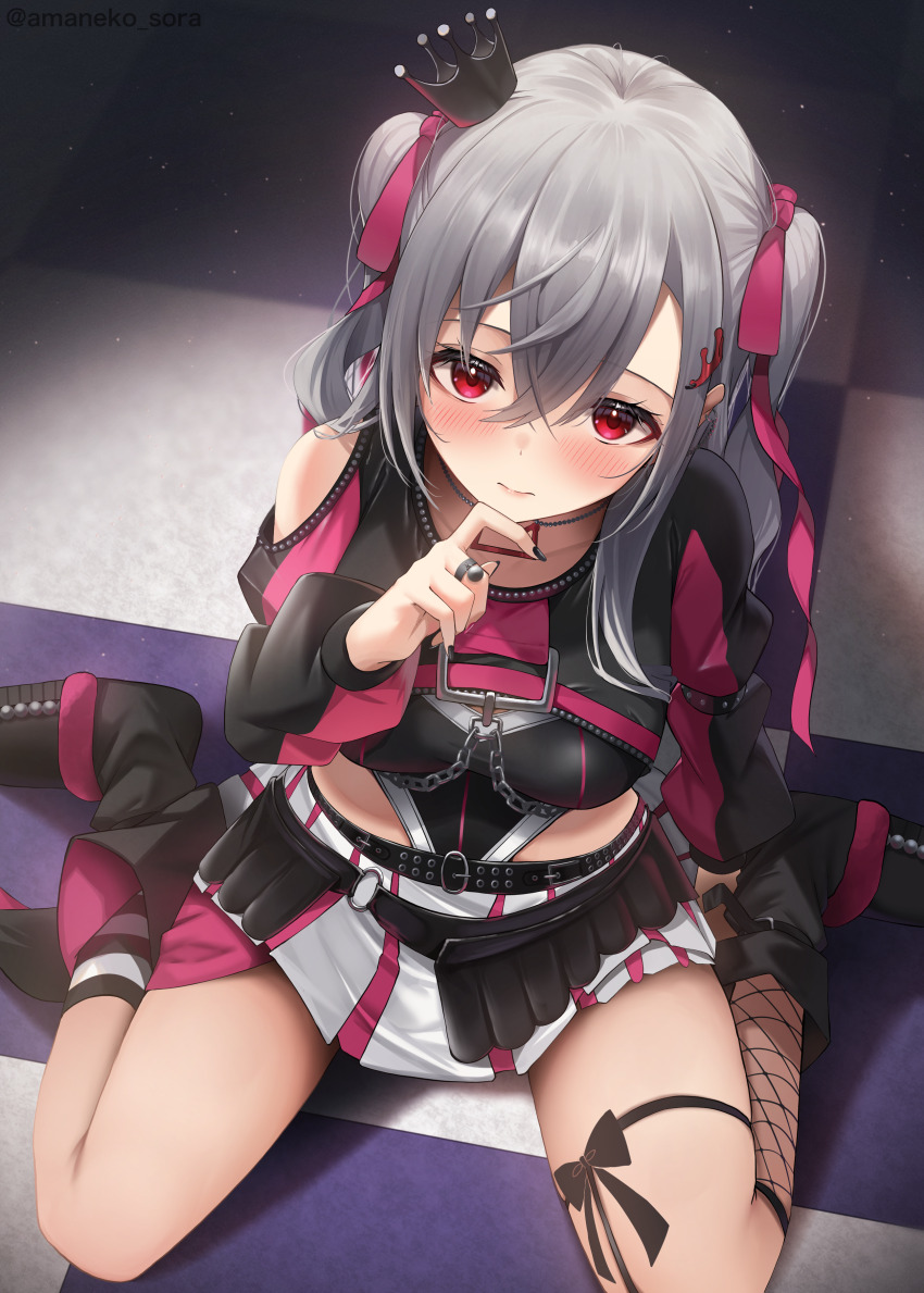 1girl, absurdres, amane_sora, asymmetrical_legwear, belt, black_belt, black_boots, black_crown