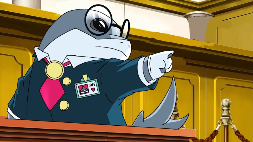 ace_attorney, bespectacled, blue_jacket, character_name, commentary, courtroom, creature, creature_focus