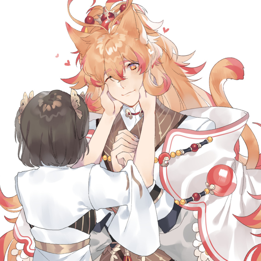 1boy, 1girl, ;3, animal_ears, antenna_hair, black_hair, butterfly_hair_ornament, cat_boy, cat_ears, cat_tail, chinese_clothes, chinese_commentary, cloak, closed_mouth, colored_tips, crossed_bangs, dress, facing_away, female_master_(the_tale_of_food), flipped_hair, flower, flower_trim, geely_shrimp_(the_tale_of_food), gem, guotang, hair_between_eyes, hair_flaps, hair_ornament, hands_on_another's_cheeks, hands_on_another's_face, hanfu, heart, heart_antenna_hair, height_difference, highres, kemonomimi_mode, light_blush, long_hair, long_sleeves, looking_at_another, male_focus, medium_hair, multicolored_hair, one_eye_closed, orange_eyes, orange_hair, own_hands_clasped, own_hands_together, pink_gem, puffy_long_sleeves, puffy_sleeves, robe, shirt, short_eyebrows, sidelocks, simple_background, sweater_guard, tail, the_tale_of_food, three-quarter_sleeves, two_side_up, upper_body, very_long_hair, white_background, white_cloak, white_dress, white_flower, white_hanfu, white_robe, white_shirt, wide_ponytail, wide_sleeves, xiao_guan_(headdress)