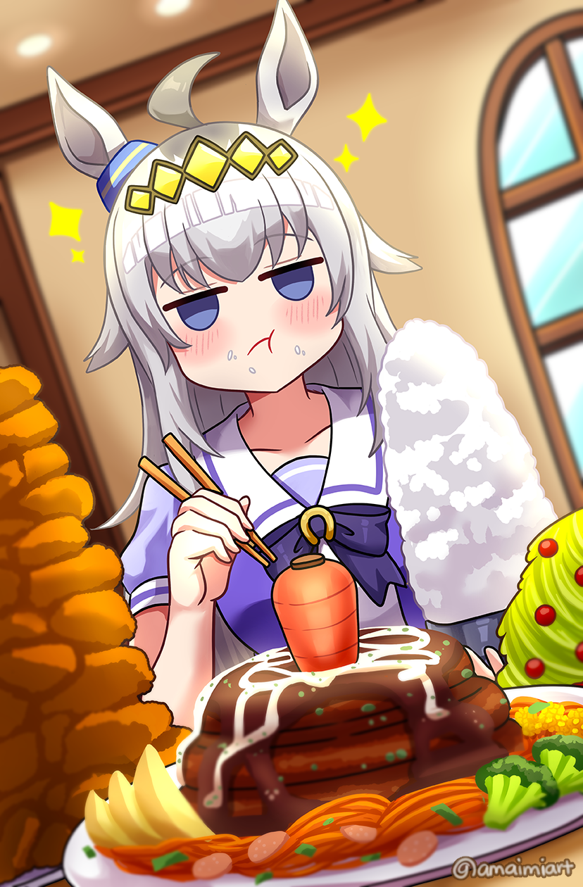 1girl, ahoge, amaimi, animal_ears, blue_eyes, blush, bow, bowtie, broccoli, carrot, carrot_hamburger_steak, chopsticks, closed_mouth, collarbone, commentary_request, ear_ornament, eating, food, glutton, grey_hair, hair_between_eyes, hair_ornament, hairband, highres, holding, holding_chopsticks, horse_ears, horse_girl, long_hair, multicolored_hair, oguri_cap_(umamusume), puffy_short_sleeves, puffy_sleeves, purple_bow, purple_bowtie, purple_shirt, sailor_collar, sailor_shirt, school_uniform, shirt, short_sleeves, sparkle, steak, tracen_school_uniform, umamusume, upper_body, white_sailor_collar
