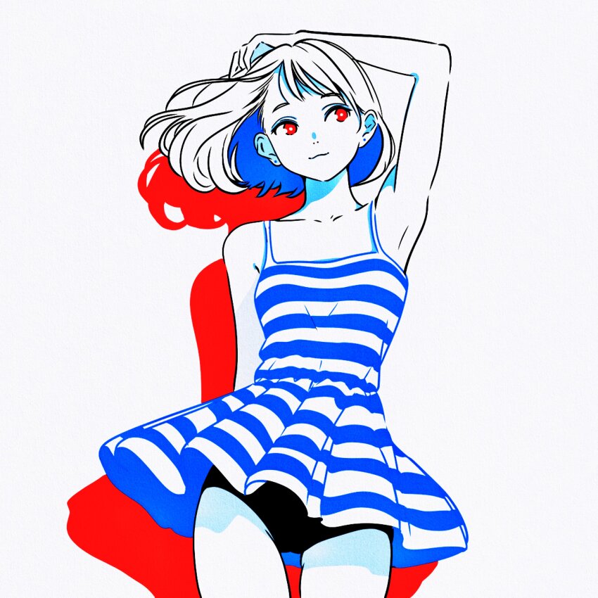 1girl, absurdres, arm_up, armpits, collarbone, commentary, dress, firework_japan, flat_color, highres, limited_palette, medium_hair, original, panties, panty_peek, shadow, shirt, sleeveless, sleeveless_shirt, solo, striped_clothes, striped_dress, underwear