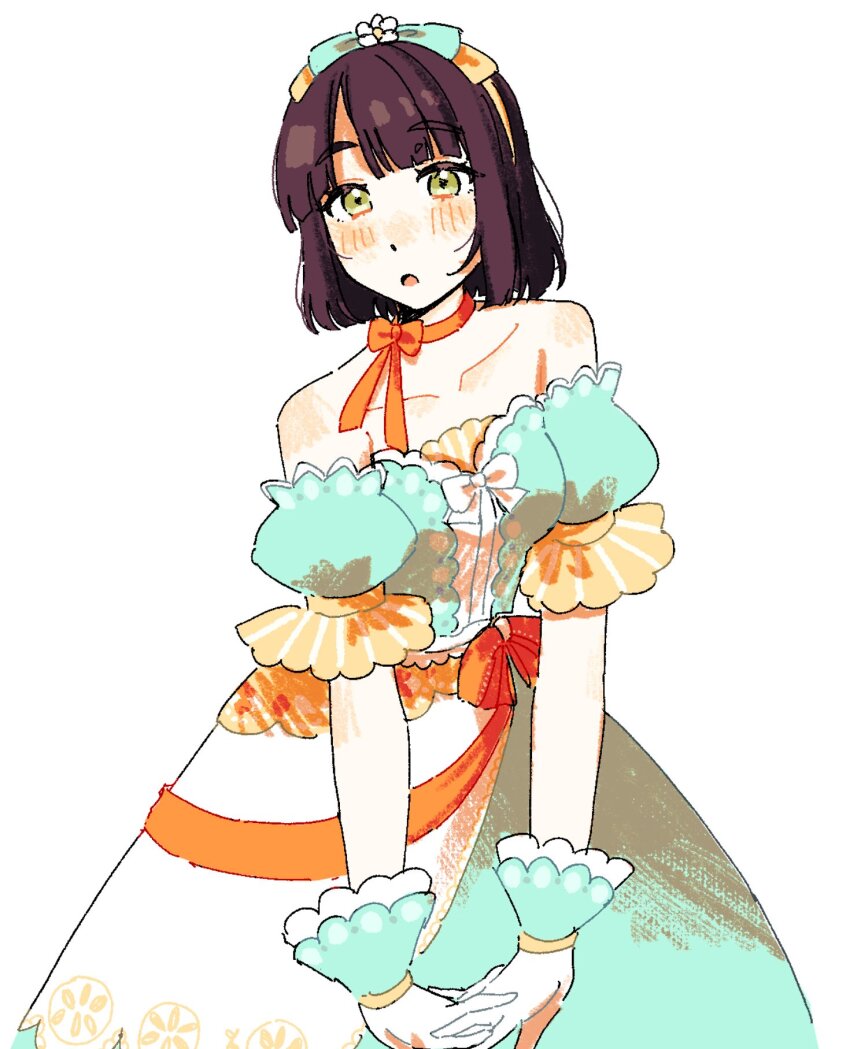 1girl, aqua_bow, aqua_dress, bare_shoulders, black_hair, blunt_bangs, blunt_ends, bob_cut