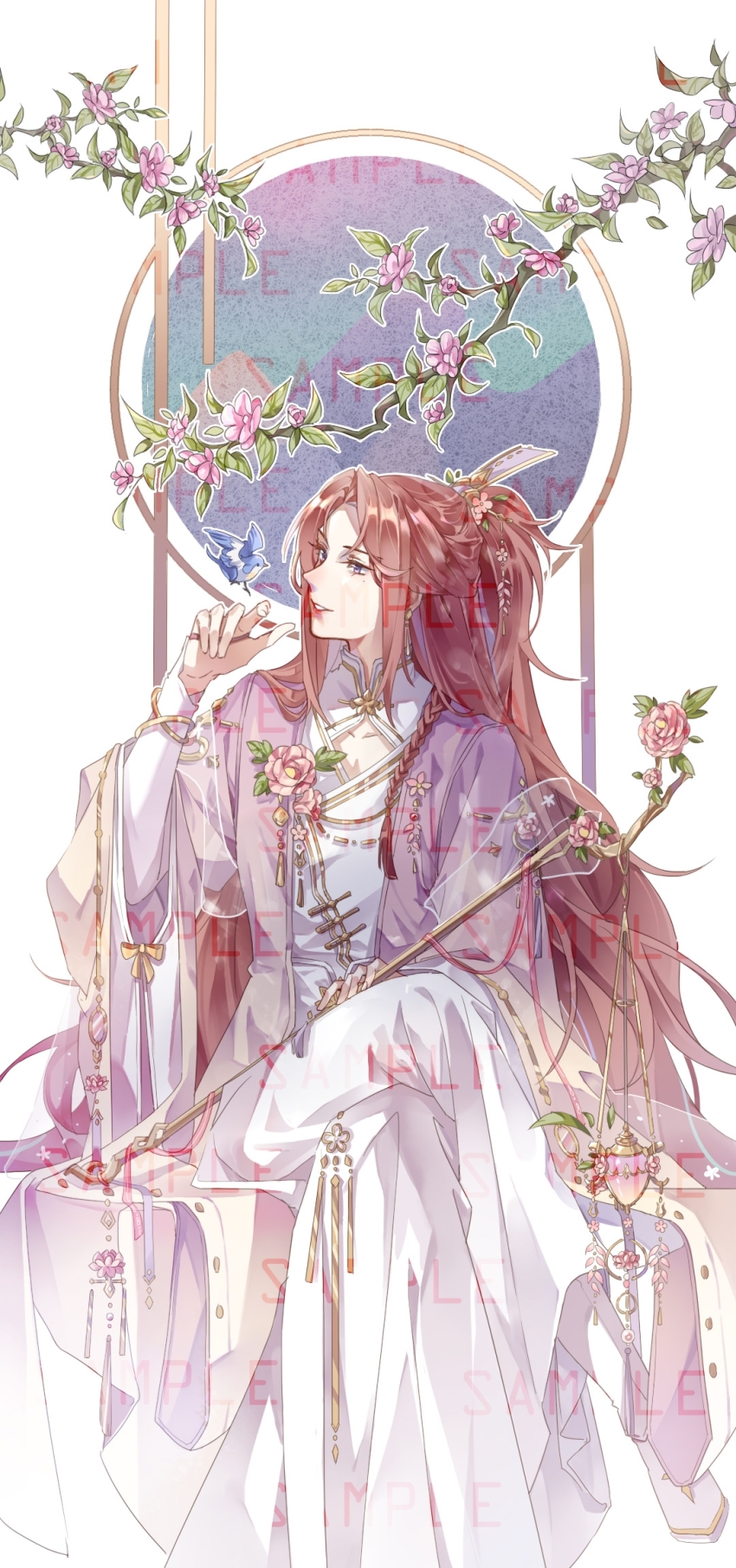 1boy, above-cleavage_cutout, androgynous, bird, blue_bird, boots, branch, bridal_gauntlets