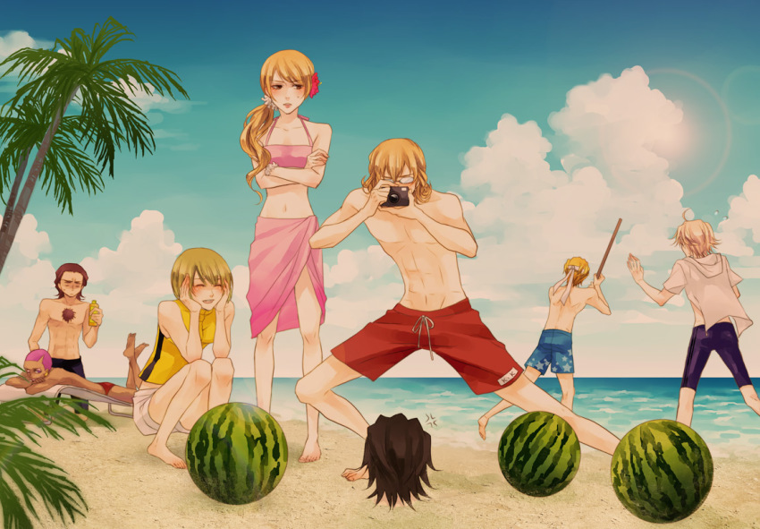 10s, 2girls, 6+boys, ^_^, akixx, anger_vein, antonio_lopez, bad_id, bad_pixiv_id, barnaby_brooks_jr., beach, bikini, bikini_top_only, black_male_swimwear, black_swim_trunks, blindfold, blonde_hair, blue_male_swimwear, blue_swim_trunks, brown_hair, chest_hair, closed_eyes, crossed_arms, dark_skin, drawstring, food, fruit, glasses, huang_pao-lin, ivan_karelin, jammers, kaburagi_t._kotetsu, karina_lyle, keith_goodman, long_hair, male_swimwear, multiple_boys, multiple_girls, nathan_seymour, pink_hair, pink_sarong, ponytail, print_male_swimwear, print_swim_trunks, print_swimsuit, purple_jammers, purple_male_swimwear, red_male_swimwear, red_swim_briefs, red_swim_trunks, sarong, short_hair, star_(symbol), star_print, stick, suikawari, swim_briefs, swim_trunks, swimsuit, tank_top, tiger_&amp;_bunny, topless_male, watermelon