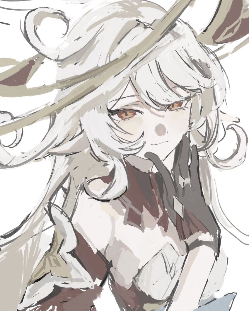 1girl, alice_(genshin_impact), black_gloves, blonde_hair, closed_mouth, collar, cowlick, detached_collar, detached_sleeves, dress, eyelashes, genshin_impact, gloves, gold_halo, hand_up, highres, long_hair, looking_at_viewer, pippi_c1, pointy_ears, red_collar, red_eyes, red_sleeves, sketch, smile, solo, swept_bangs, tsurime, unfinished, white_background, white_dress