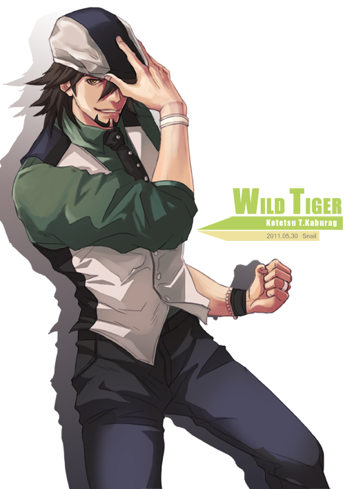 10s, 1boy, 2011, anysnail, bad_id, bad_pixiv_id, bracelet, brown_eyes, brown_hair, newsboy_cap, character_name, facial_hair, goatee, green_shirt, hand_on_headwear, hat, hat_over_one_eye, jewelry, kaburagi_t._kotetsu, male_focus, necktie, shirt, short_hair, solo, stubble, tiger_&amp;_bunny, vest, waistcoat, watch, wristwatch