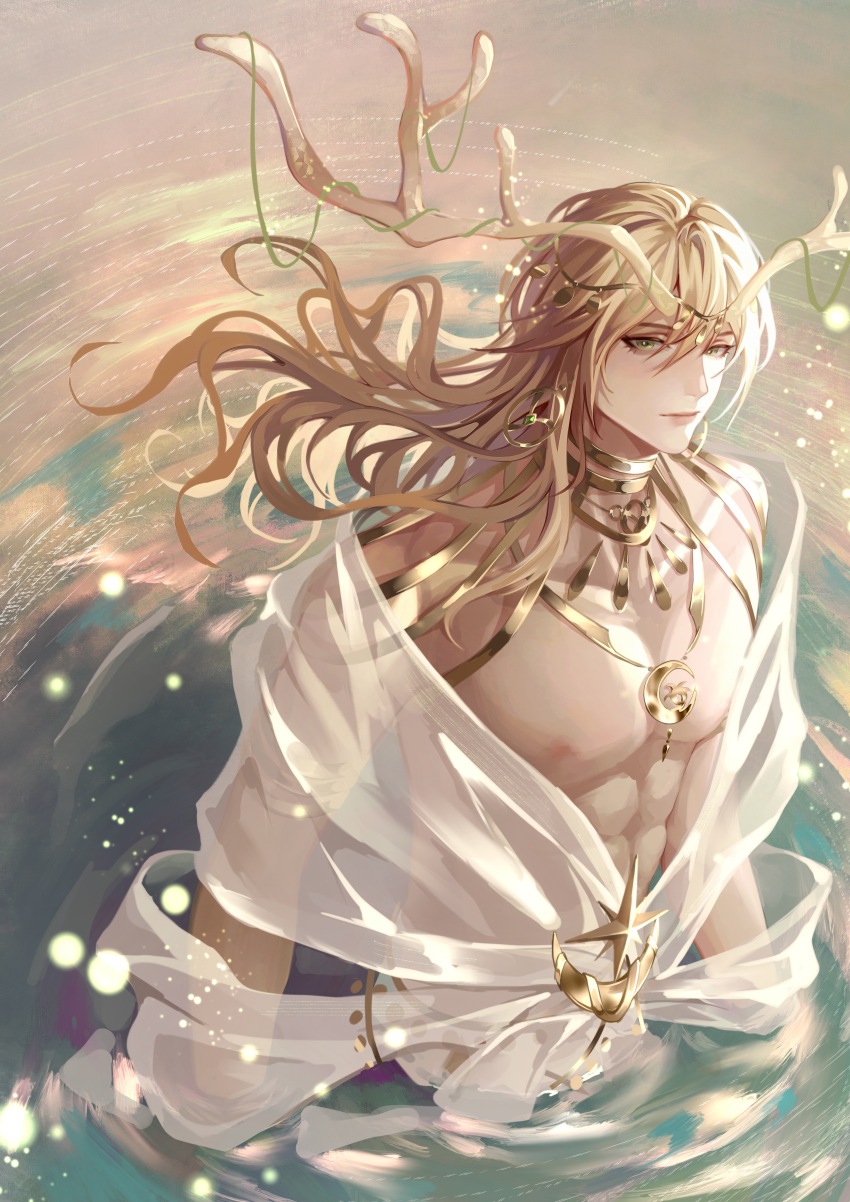 1boy, abs, absurdres, alkaid_mcgrath, alkaid_mcgrath_(spirit_world), antlers, armlet, bare_pectorals