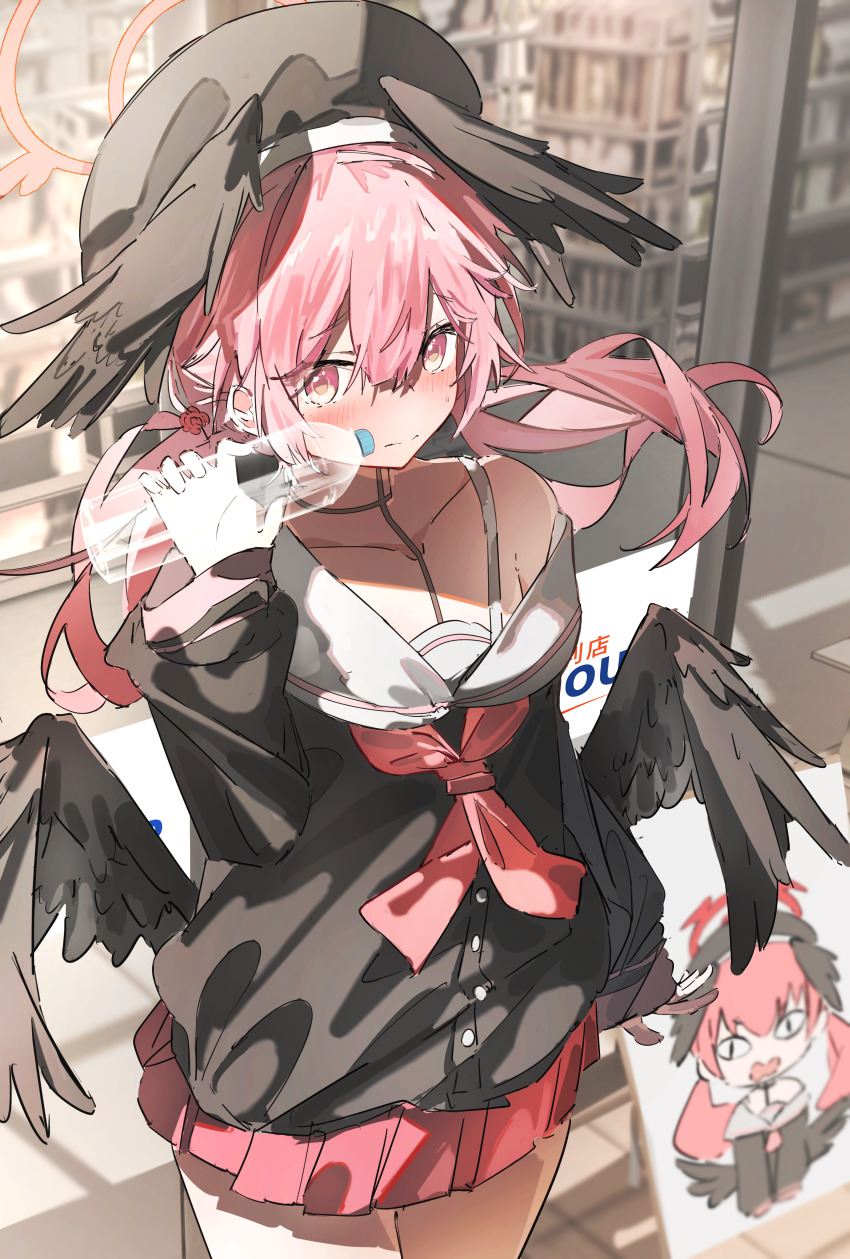 1girl, absurdres, black_choker, black_hat, black_shirt, black_wings, blue_archive, blush