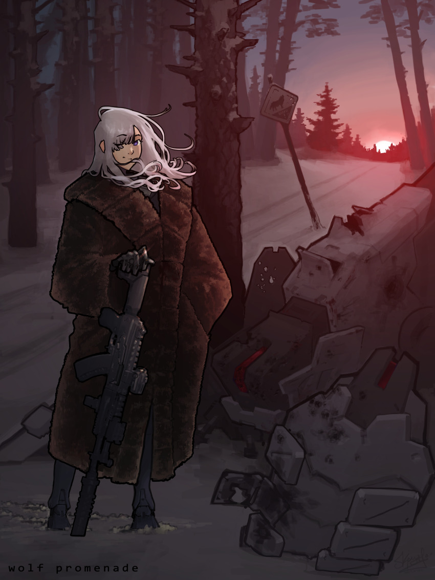 1girl, absurdres, ak-12_(girls'_frontline), assault_rifle, blue_eyes, brown_coat, closed_mouth, coat