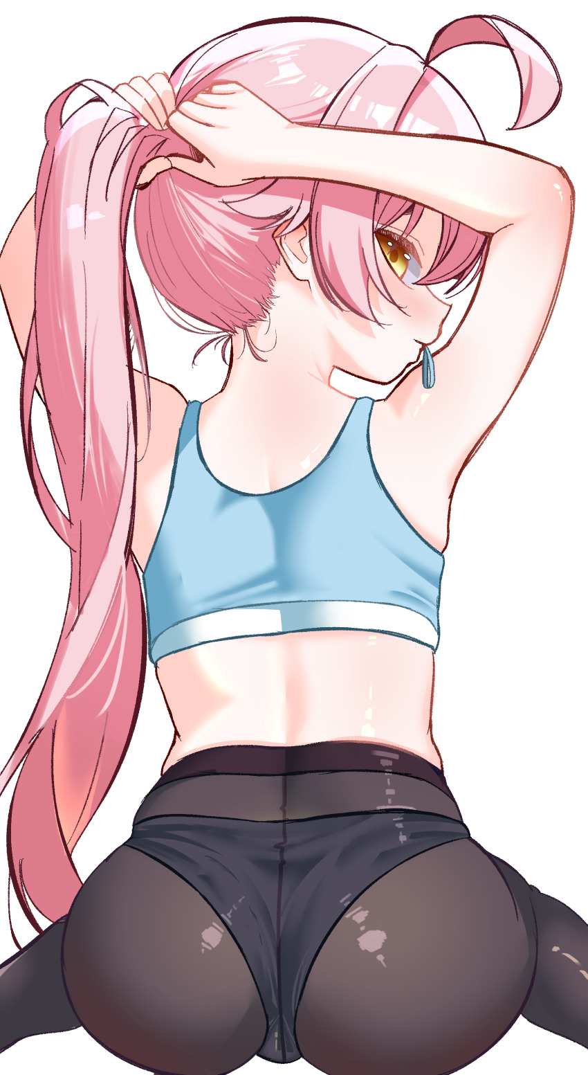 1girl, absurdres, ahoge, arms_up, ass, blue_archive, blush, cunvaroy, from_behind, hands_in_own_hair, highres, hoshino_(blue_archive), legs, loli, long_hair, looking_at_viewer, looking_back, panties, panties_under_pantyhose, pantyhose, pink_hair, ponytail, shiny_clothes, sitting, solo, sports_bra, thighs, underwear, wedgie, yellow_eyes