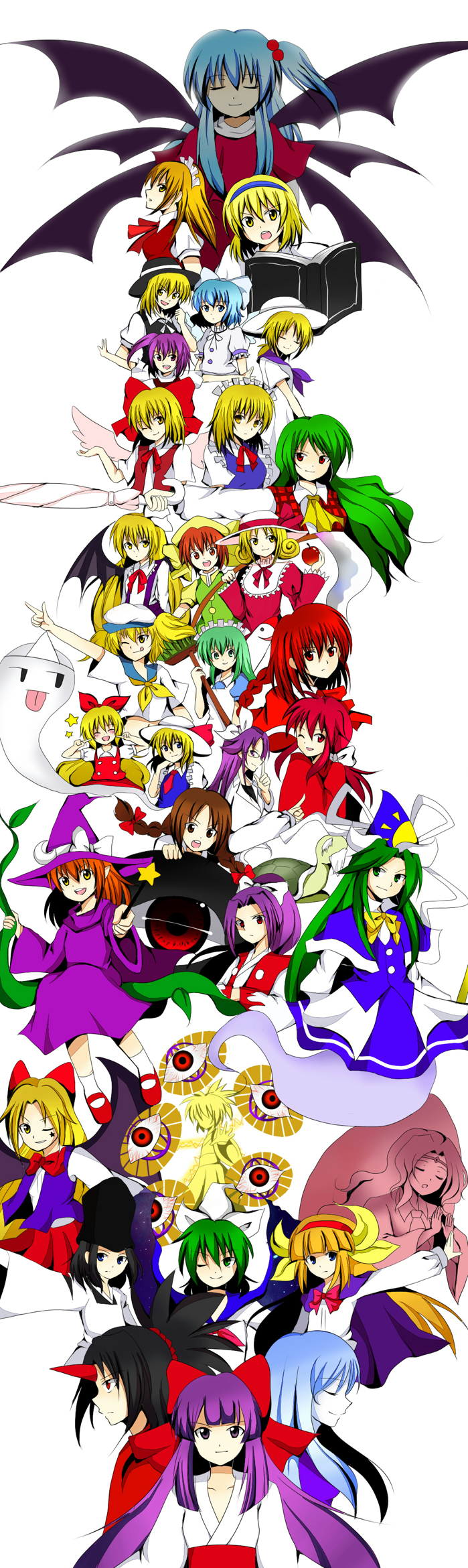 1boy, 6+girls, alice_margatroid, alice_margatroid_(pc-98), angel, apple, asakura_rikako, ascot