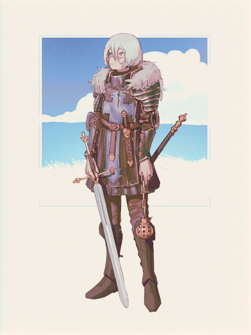 1girl, absurdres, armor, armored_boots, blue_border, blue_eyes, blue_theme, bob_cut, boots, border, cloud, commentary, commission, couter, cross, dagger, faulds, full_body, fur-trimmed_armor, fur_trim, grass, greaves, hair_between_eyes, highres, holding, holding_sword, holding_weapon, incense_burner, knife, knight, leather_belt, looking_up, notfuji, original, outside_border, pants, pauldrons, sheath, sheathed, short_hair, shoulder_armor, sky, solo, standing, sword, tabard, thurible, vambraces, weapon, white_hair