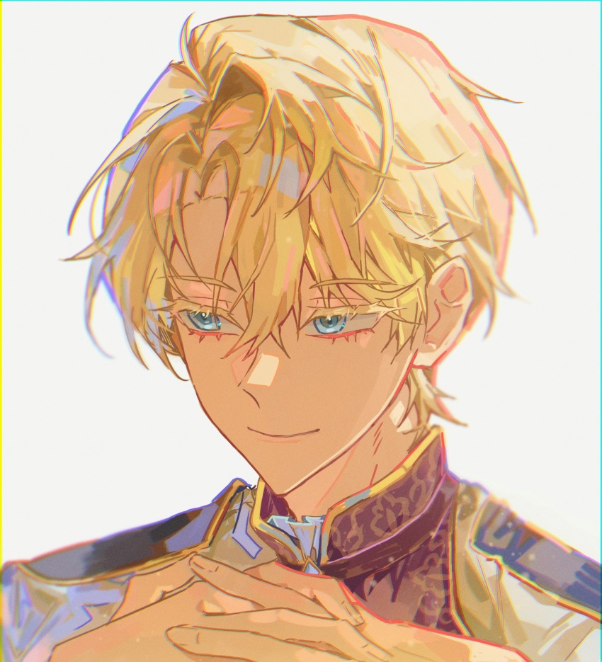 1boy, alberu_crossman, bishounen, blonde_hair, blue_eyes, closed_mouth, colored_eyelashes, hair_between_eyes