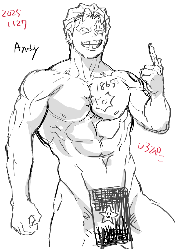 andy_(undead_unluck), bar_censor, censored, greyscale, monochrome, muscular, muscular_male, no_eyebrows, nude, scar, scar_on_face, shiropico, shoulder_tattoo, sketch, smile, tattoo, undead_unluck