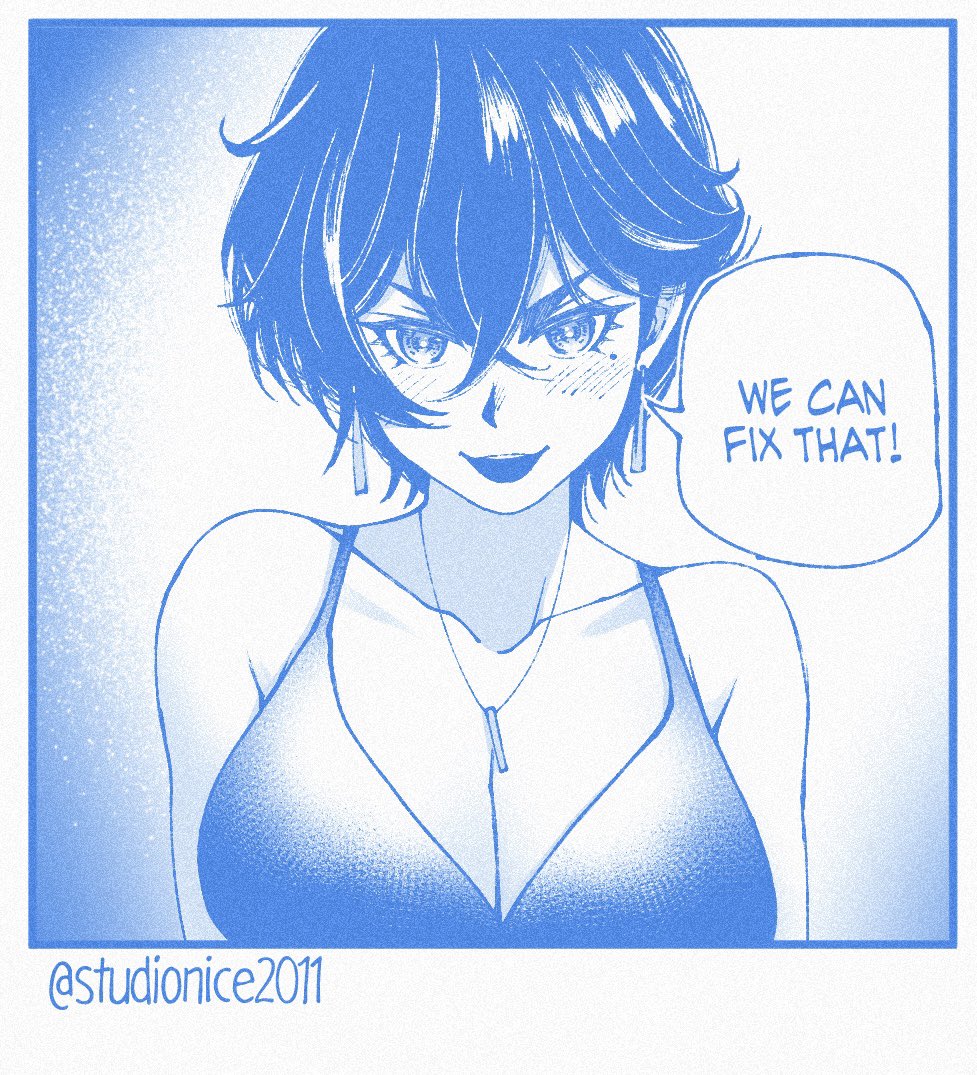 1girl, blue_theme, blush, breasts, cleavage, collarbone, crossed_bangs, dress