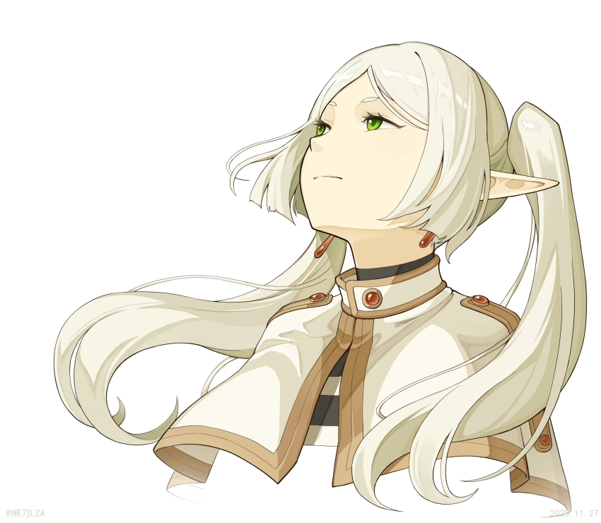 1girl, capelet, chinese_commentary, closed_mouth, commentary_request, cropped_shoulders, earrings, elf