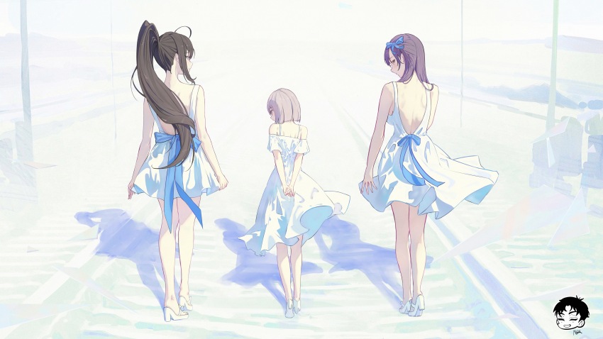 3girls, absurdres, alternate_costume, alternate_hairstyle, blue_hair, brown_hair, danny_marx, dress