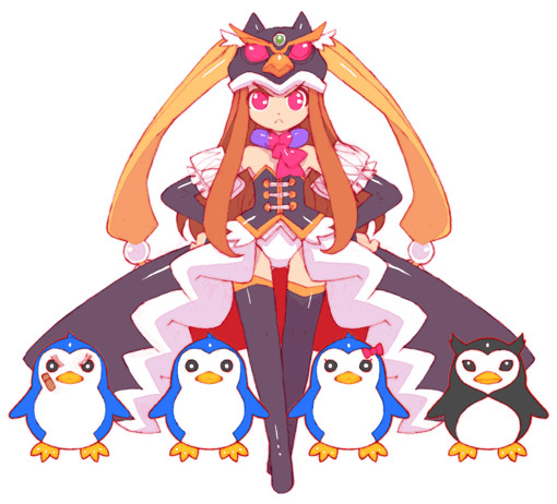 10s, animal_hat, animated, animated_gif, bird, brown_hair, detached_sleeves, esmeralda_(mawaru_penguindrum), hat, mawaru_penguindrum, nakayama_tooru, penguin, penguin_1-gou, penguin_2-gou, penguin_3-gou, princess_of_the_crystal, red_eyes, takakura_himari, thighhighs