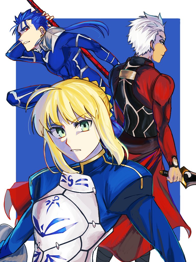 1girl, 2boys, ahoge, archer_(fate), armor, armored_dress, artoria_pendragon_(fate), blonde_hair