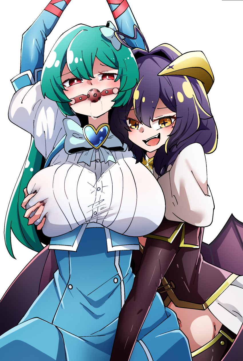 2girls, absurdres, ball_gag, black_corset, caseee999, corset, demon_girl, demon_horns